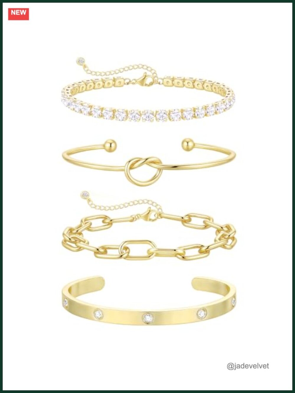 14K Gold Plated Cuff and Chain Bracelet Set Stackable Adjustable Non Tarnish